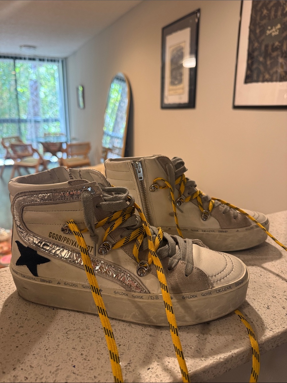 Limited Edition Golden Goose Hi-Slide Platform High-Top Sneaker Yellow Laces - Picture 4 of 9
